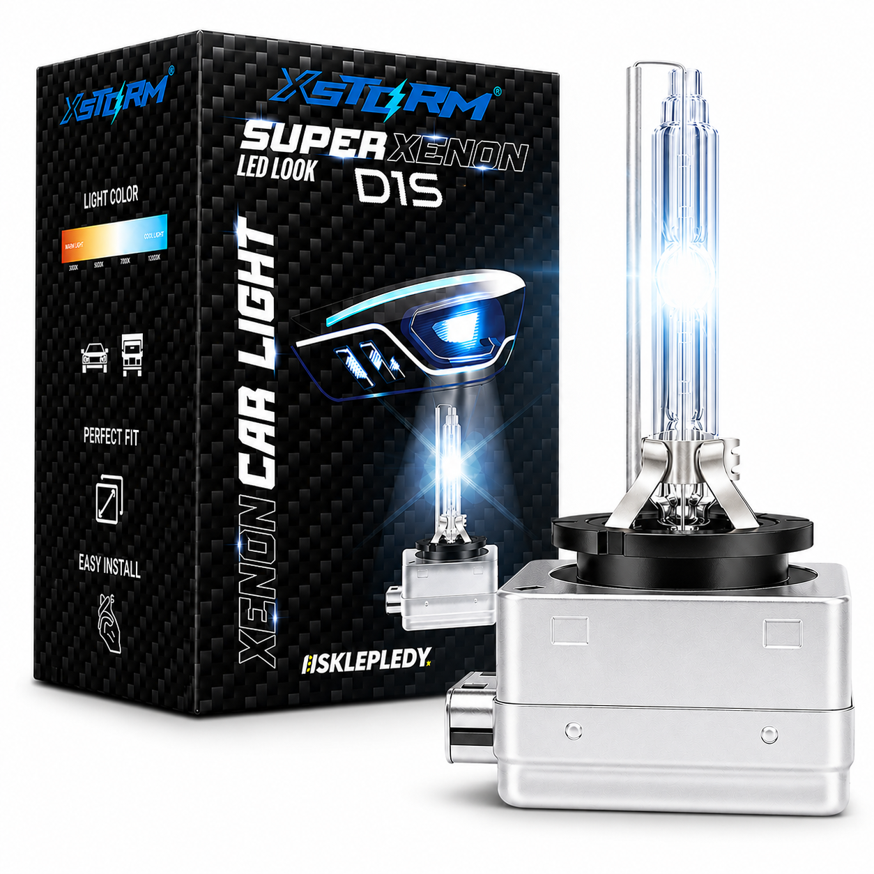 Obraz przedstawia opakowanie i żarnik Xenon D1S. Na opakowaniu widnieje napis \'XSTORM SUPER XENON LED LOOK D1S\' oraz ikony symbolizujące łatwy montaż i idealne dopasowanie.