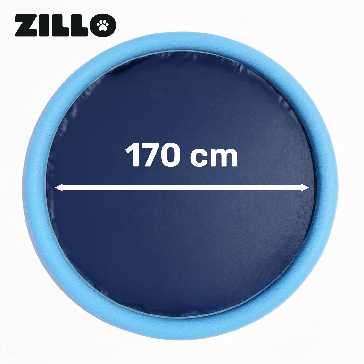 Okrągła mata wodna w kolorze niebieskim z napisem \'170 cm\' na środku. W lewym górnym rogu widoczne jest logo \'ZILLO\'.