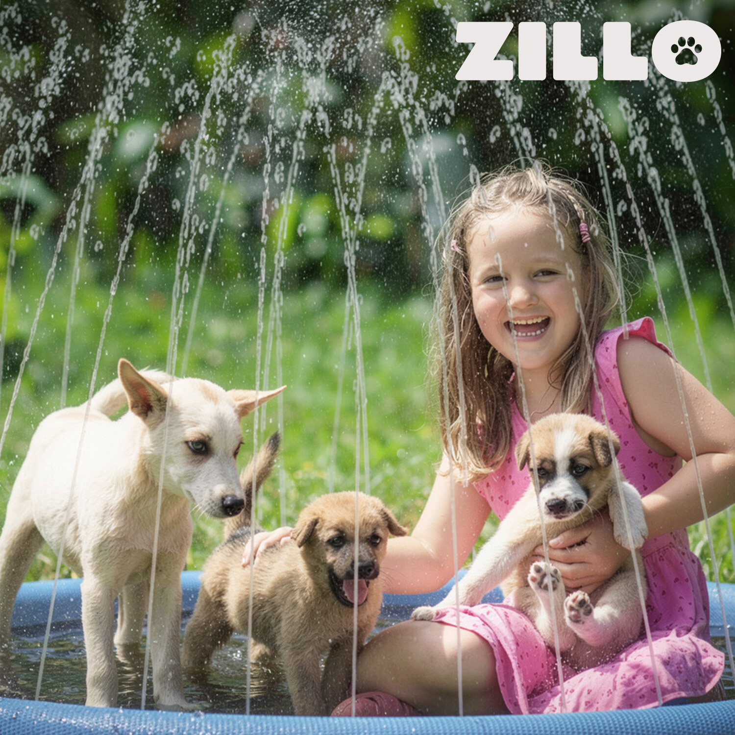 Dziewczynka w różowej sukience siedzi na zraszającej macie wodnej z trzema szczeniakami. W tle widoczne jest logo \'ZILLO\'.