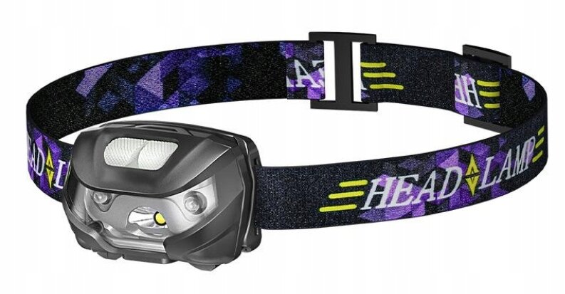 Na obrazie widoczna jest czarna latarka czołowa z elastycznym paskiem w kolorze czarno-fioletowym z napisem \'HEAD LAMP\'. Latarka posiada dwa źródła światła i jest wyposażona w regulowany pasek.