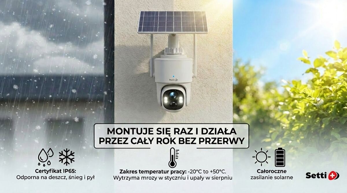 Obraz przedstawia kamerę z panelem solarnym zamontowaną na ścianie, z tekstem: \'MONTUJE SIĘ RAZ I DZIAŁA PRZEZ CAŁY ROK BEZ PRZERWY\'. Na dole znajdują się ikony z informacjami: \'Certyfikat IP65: Odporna na deszcz, śnieg i pył\', \'Zakres temperatur pracy: -20°C to +50°C\', \'Całoroczne zasilanie solarne\', oraz logo \'Setti+\'.