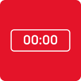 Czerwony kwadrat z białym symbolem zegara cyfrowego wyświetlającym \'00:00\'.