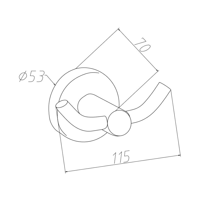 Schematyczny rysunek wieszaka łazienkowego z wymiarami: średnica 53 mm, długość 115 mm, wysokość 70 mm.
