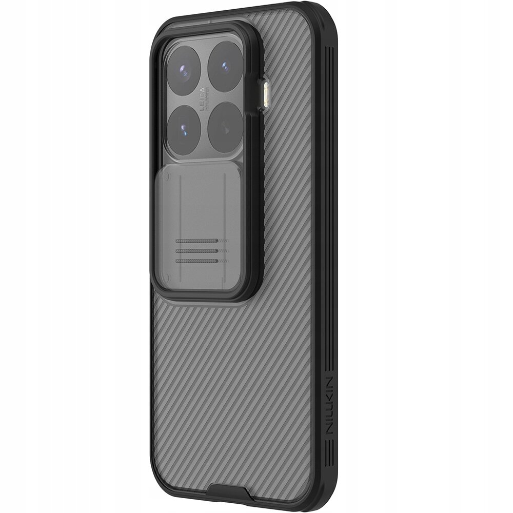 Etui na telefon z teksturą w skośne linie, posiada osłonę na aparat i logo \'Nillkin\' na boku.