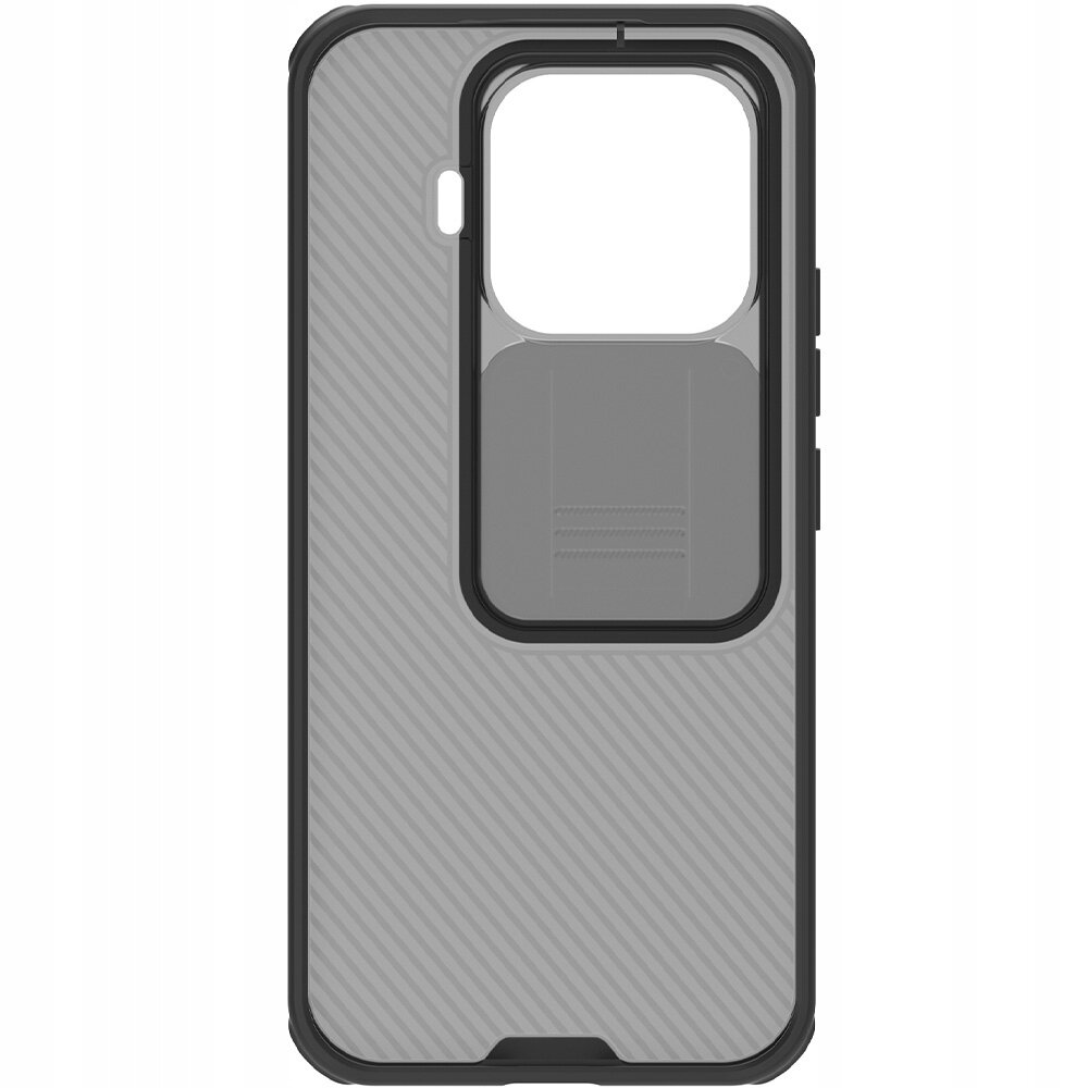 Etui na telefon z szarym, prążkowanym wzorem i dużym otworem na aparat z osłoną. Produkt ma czarne krawędzie i przyciski boczne.
