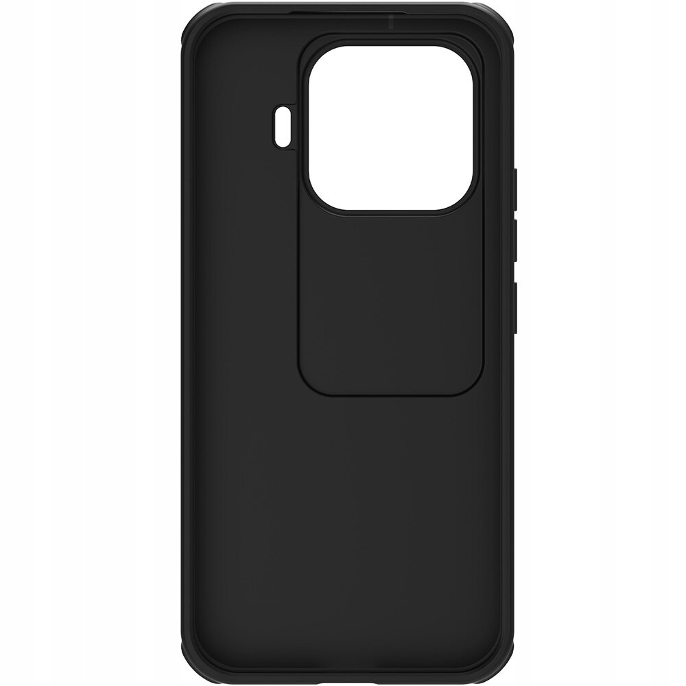 Czarne etui na telefon z dużym otworem na aparat i mniejszym na lampę błyskową. Etui ma antypoślizgową powierzchnię i osłonę na aparat.
