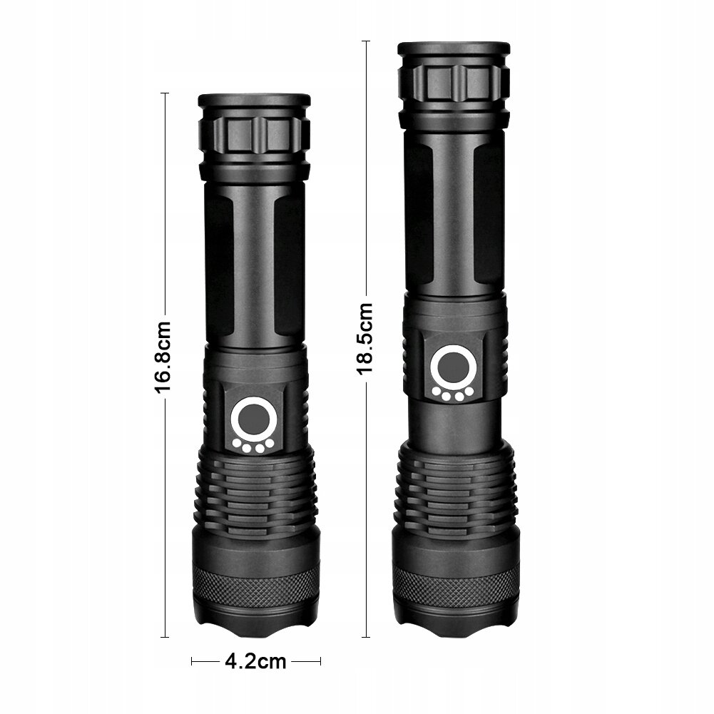 Obraz przedstawia dwie czarne latarki taktyczne z oznaczeniami wymiarów: 16.8 cm i 18.5 cm wysokości oraz 4.2 cm szerokości. Na latarkach widoczne jest logo w postaci okręgu z mniejszymi kółkami poniżej.