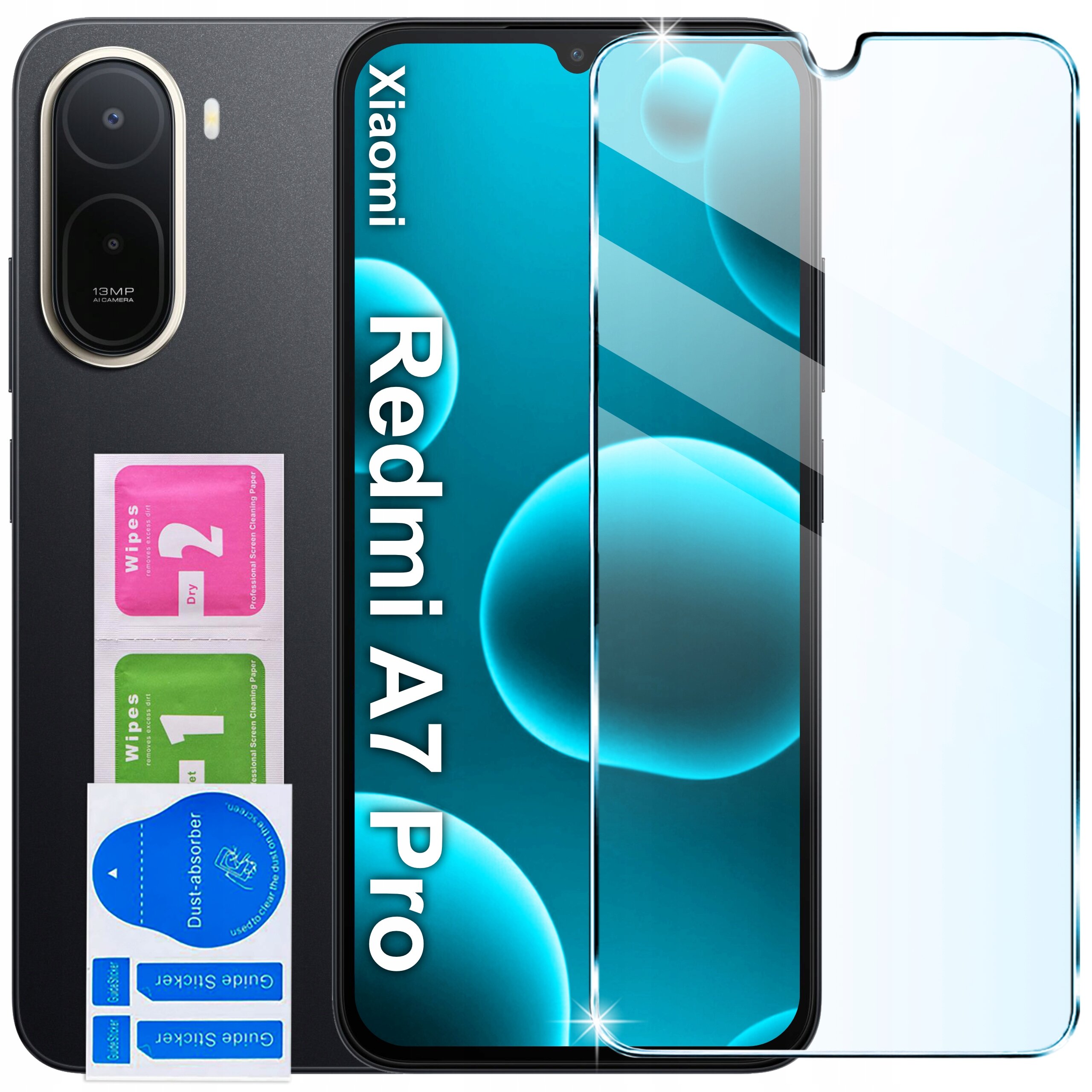 Obraz przedstawia etui do telefonu Xiaomi Redmi A7 Pro oraz szkło ochronne 9H. Widoczne są również dwie ściereczki do czyszczenia oznaczone jako \'Wipes 1\' i \'Wipes 2\'.