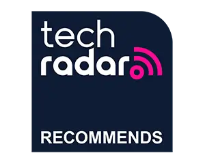300x240 techradar s90f Logo z napisem \'tech radar RECOMMENDS\' na ciemnym tle z różowym symbolem fali.