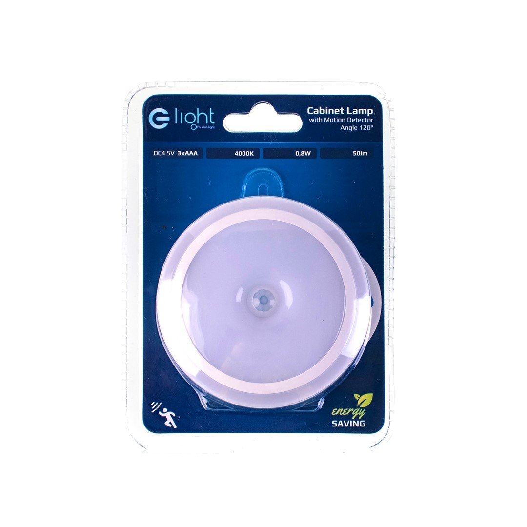 Opakowanie lampy LED z czujnikiem ruchu, oznaczone jako Cabinet Lamp z kątem 120°. Widoczne są informacje: DC4 5V 3xAAA, 4000K, 0,8W, 50lm oraz logo \'Eko-Light\'.