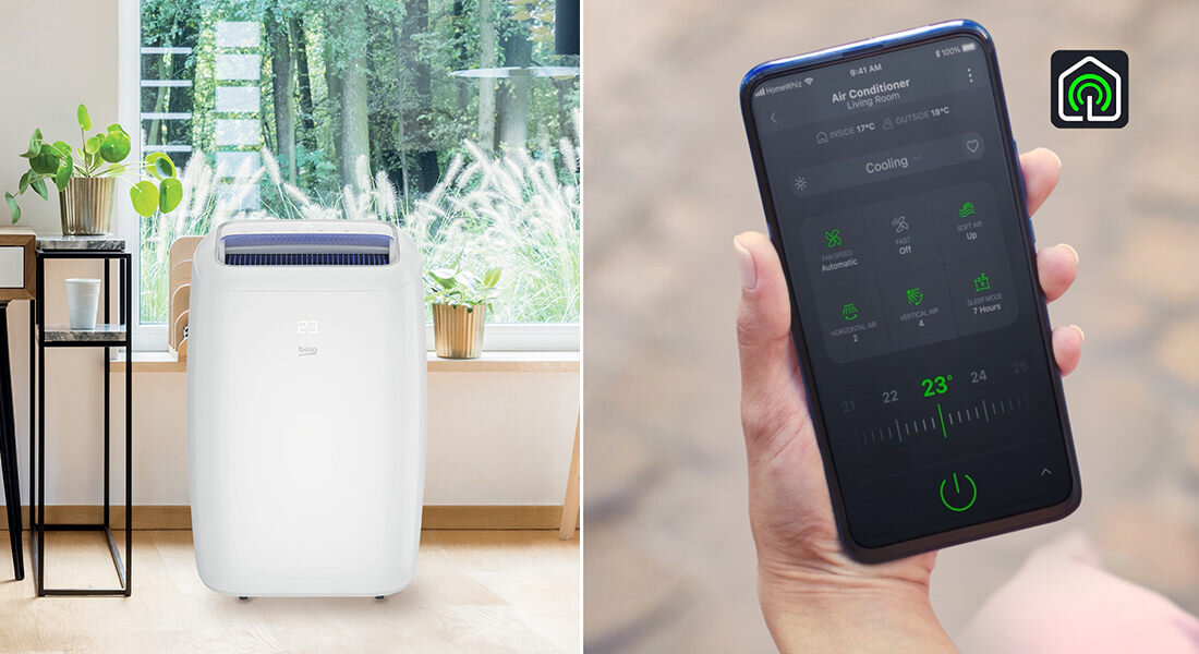 Po lewej stronie widać biały klimatyzator z logo \'beko\' ustawiony w jasnym pomieszczeniu z roślinami. Po prawej stronie osoba trzyma smartfon z aplikacją do sterowania klimatyzatorem, na ekranie widoczna jest temperatura 23°C i przycisk zasilania.
