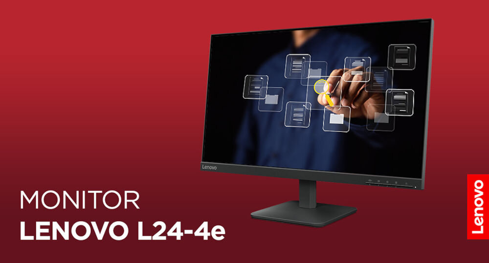 Monitor z wyświetlaczem pokazującym dłoń dotykającą interfejsu graficznego z ikonami. Na czerwonym tle widoczny jest napis \'MONITOR LENOVO L24-4e\' oraz logo Lenovo.