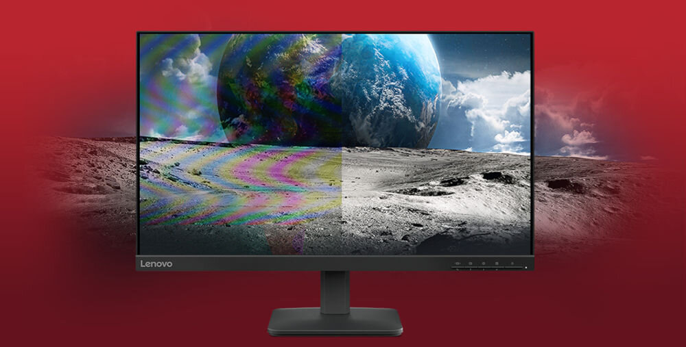 Monitor z logo Lenovo wyświetla obraz przedstawiający powierzchnię księżyca i planetę w tle. Tło obrazu jest czerwone.