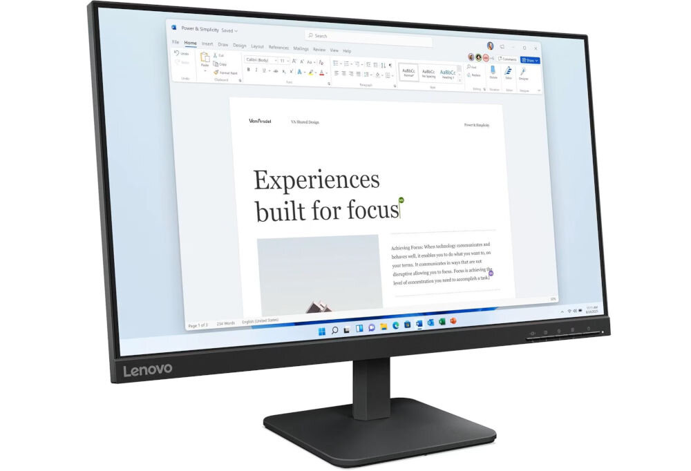 Monitor marki Lenovo wyświetla dokument tekstowy z nagłówkiem \'Experiences built for focus\'. Na dolnej ramce monitora widoczne jest logo \'Lenovo\'.