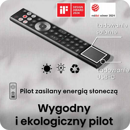 Na obrazie widoczny jest pilot z panelem do ładowania solarnego i portem USB-C, obok znajdują się ikony symbolizujące energię słoneczną i ekologię. Tekst na obrazie: \'Pilot zasilany energią słoneczną. Wygodny i ekologiczny pilot\'.