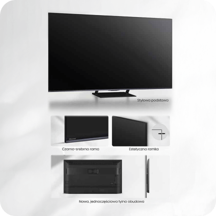 Obraz przedstawia telewizor z czarno-srebrną ramą i estetyczną ramką, umieszczony na stylowej podstawie. Widoczna jest także nowa, jednoczęściowa tylna obudowa.