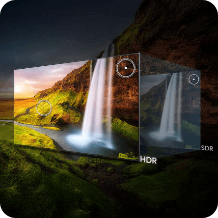 Obraz przedstawia porównanie jakości obrazu HDR i SDR na tle krajobrazu z wodospadem. Po lewej stronie widoczny jest jaśniejszy i bardziej szczegółowy obraz HDR, a po prawej ciemniejszy obraz SDR.