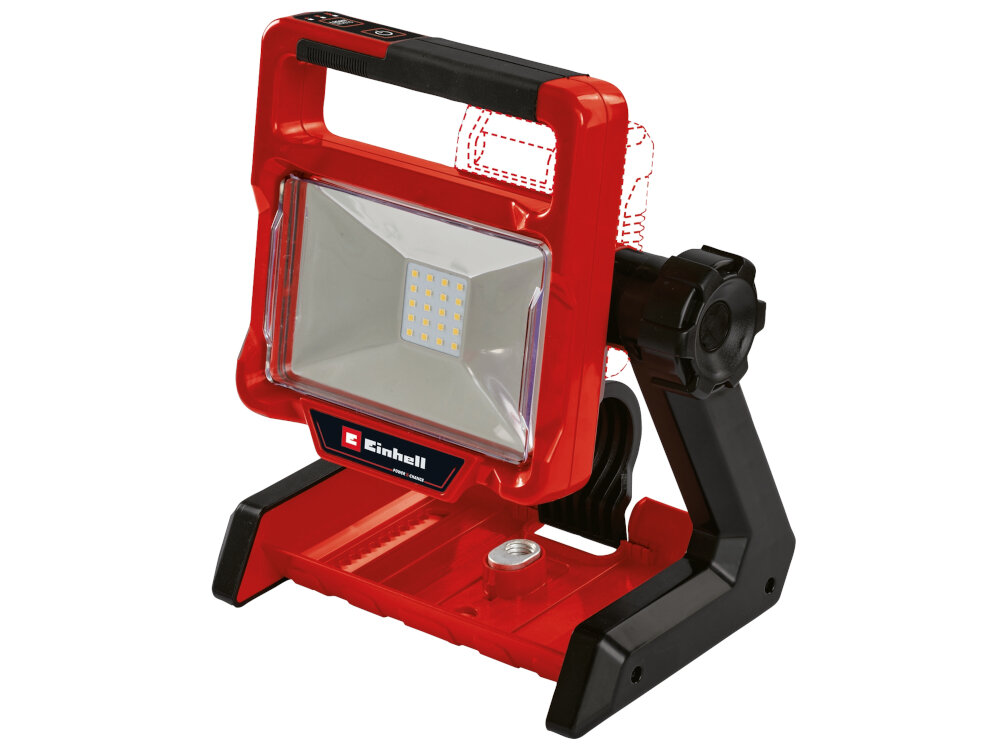 Czerwona lampa warsztatowa z czarną podstawą i uchwytem, posiadająca panel LED. Na obudowie widoczne jest logo \'Einhell\'.