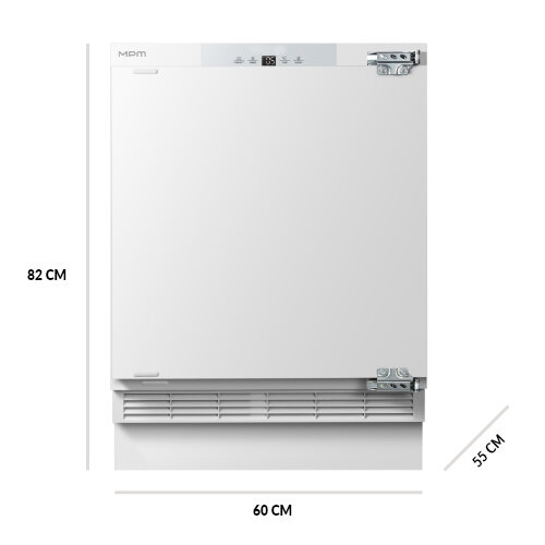 Biała lodówka z widocznymi wymiarami: 82 cm wysokości, 60 cm szerokości i 55 cm głębokości. Na górnej części drzwi znajduje się logo MPM oraz panel z przyciskami.