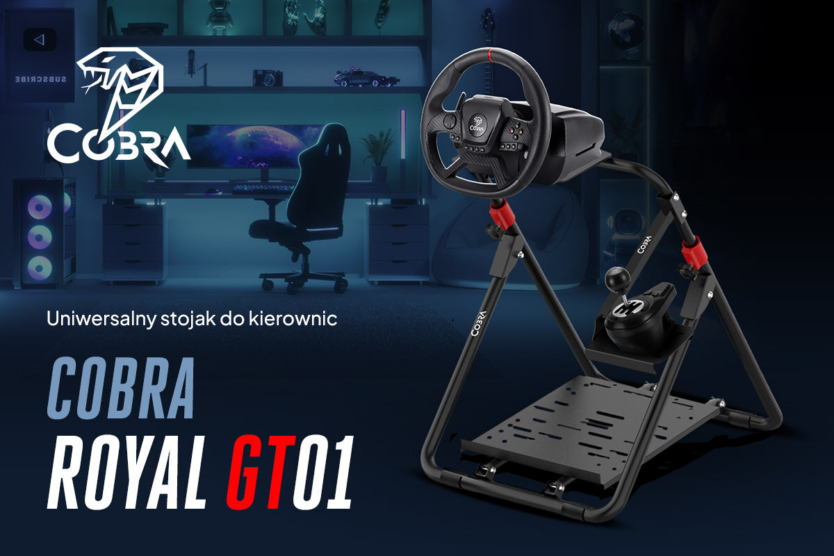 Obraz przedstawia uniwersalny stojak do kierownicy COBRA Royal GT01 na tle gamingowego stanowiska z podświetlanym komputerem i monitorem. Widoczne jest logo COBRA oraz tekst: \'Uniwersalny stojak do kierownic COBRA ROYAL GT01\'.