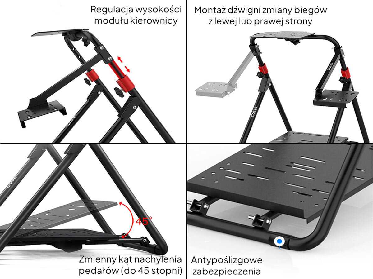 Obraz przedstawia cztery zdjęcia stojaka uniwersalnego do kierownicy COBRA Royal GT01 z opisami funkcji: regulacja wysokości modułu kierownicy, montaż dźwigni zmiany biegów z lewej lub prawej strony, zmienny kąt nachylenia pedałów (do 45 stopni) oraz antypoślizgowe zabezpieczenia.