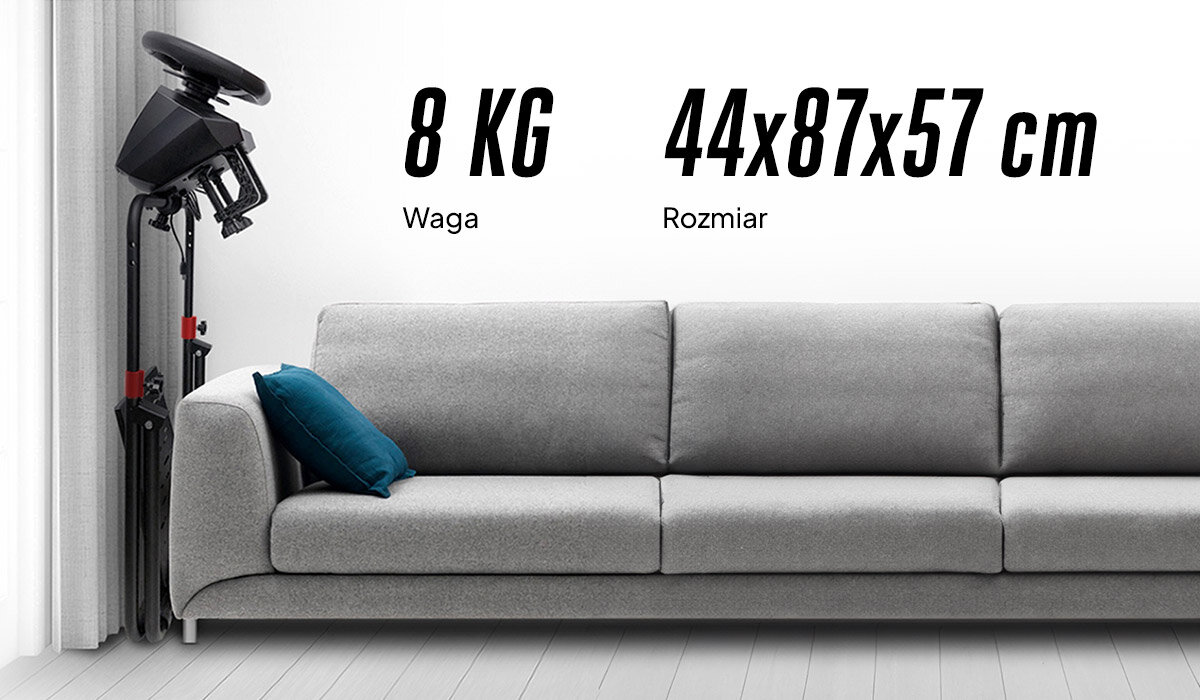 Obraz przedstawia szary stojak uniwersalny do kierownicy umieszczony obok szarej kanapy. Na obrazie widoczny jest tekst: \'8 KG Waga\' oraz \'44x87x57 cm Rozmiar\'.