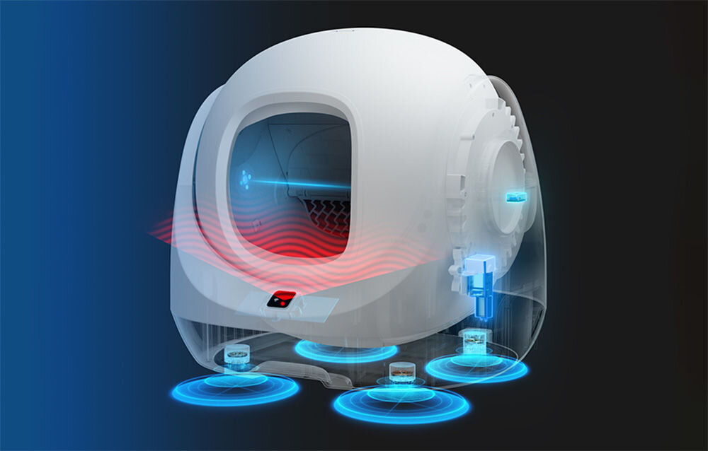 Obraz przedstawia białą, zaokrągloną inteligentną kuwetę dla kota z otworem wejściowym i widocznymi elementami technologicznymi, takimi jak czujniki i diody. W tle widać niebieskie i czerwone fale symbolizujące działanie technologii.