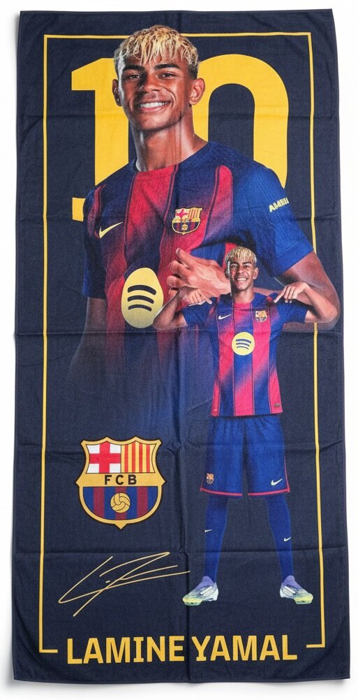 Ręcznik z wizerunkiem piłkarza w stroju FC Barcelona, z numerem 10 i podpisem \'LAMINE YAMAL\'. Widoczne logo klubu FCB oraz duży napis \'LAMINE YAMAL\' na dole.