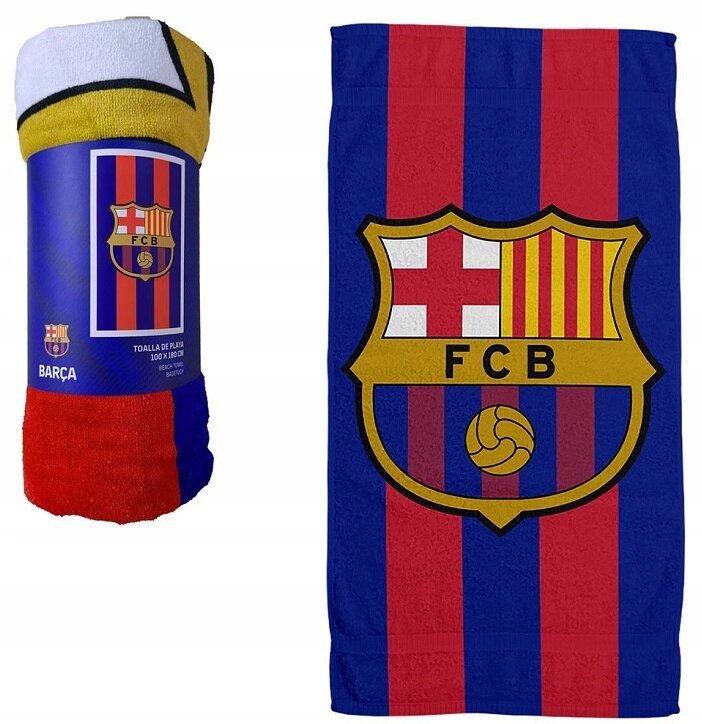 Ręcznik plażowy z logo FCB w kolorach czerwonym i niebieskim, z dużym herbem klubu na środku. Opakowanie zawiera napis \'BARÇA\' oraz \'TOALLA DE PLAYA 100 x 180 cm\'.