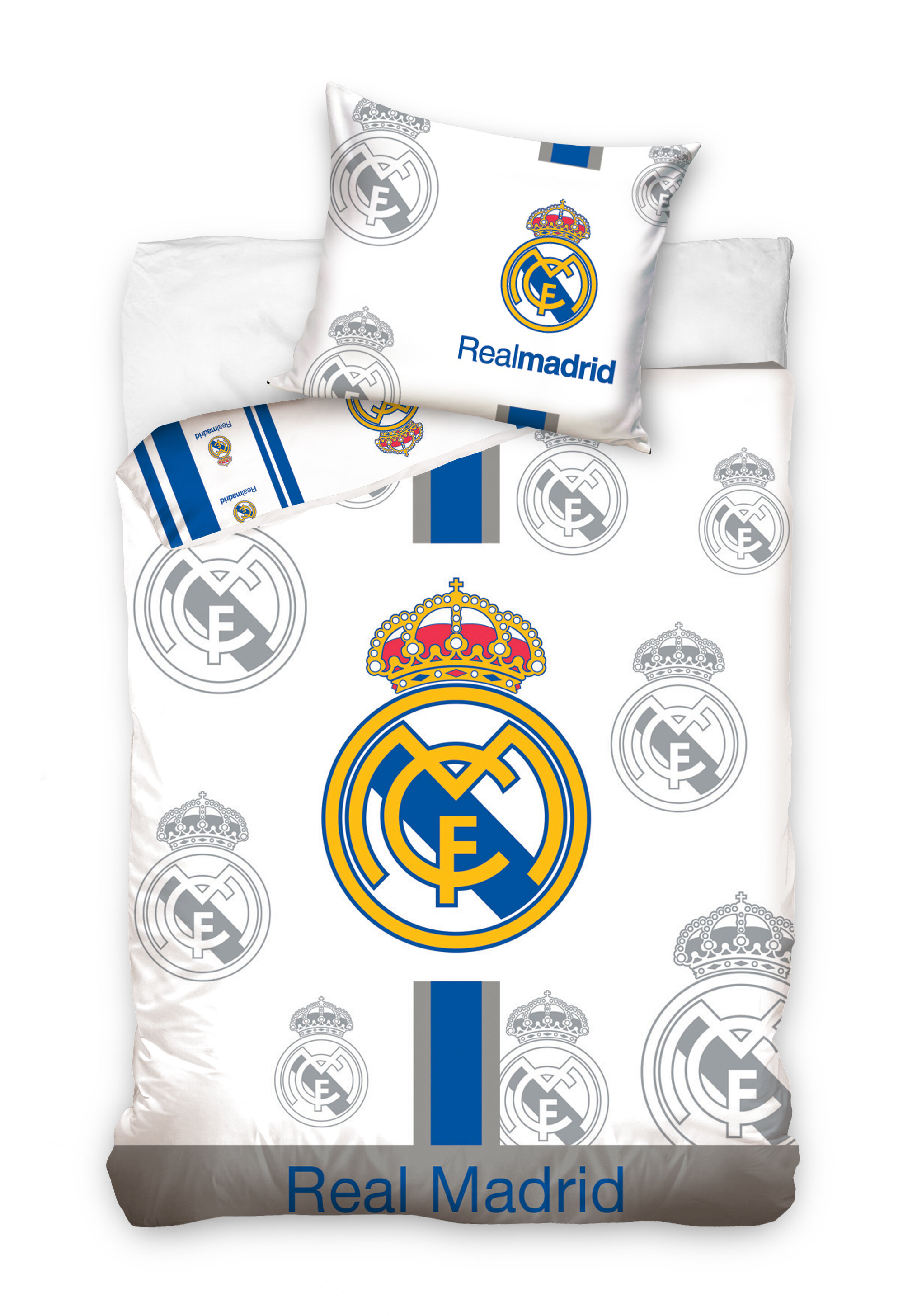 Komplet pościeli z motywem klubu piłkarskiego, z dużym logo i napisem \'Real Madrid\'. Pościel jest w kolorach białym, niebieskim i żółtym, z powtarzającymi się wzorami logo klubu.