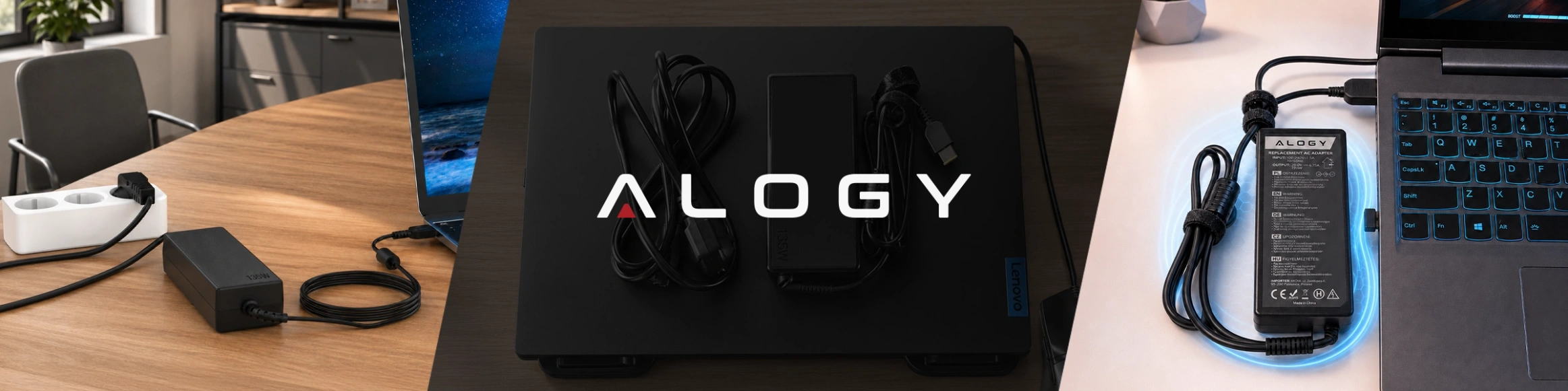 Obraz przedstawia trzy sceny z zasilaczem do laptopa marki Alogy. Na środku widoczne jest logo \'ALOGY\'.