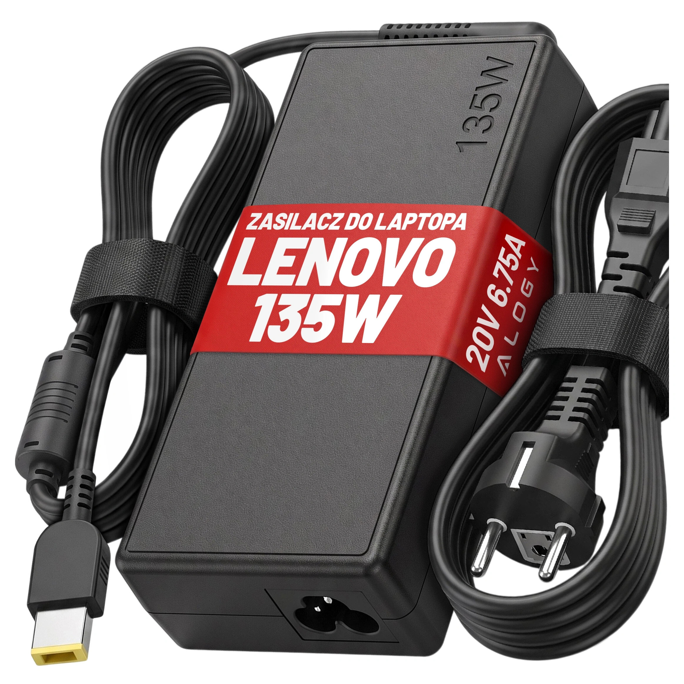 Czarny zasilacz do laptopa z czerwonym paskiem z napisem \'ZASILACZ DO LAPTOPA LENOVO 135W 20V 6.75A ALOGY\'. Zasilacz posiada dwa kable, jeden z wtyczką Slim Tip i drugi z wtyczką do gniazdka elektrycznego.
