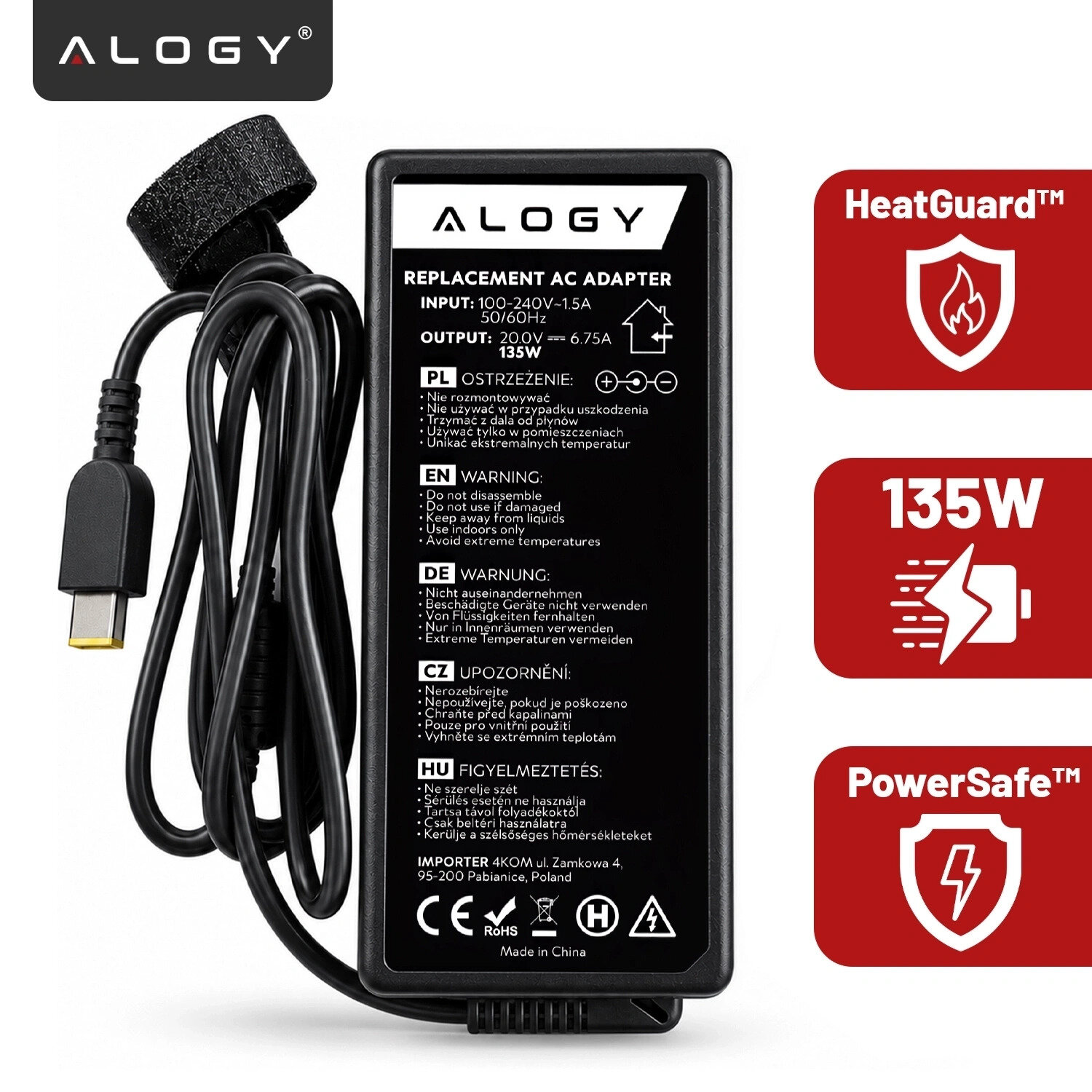 Zasilacz ładowarka do laptopa z logo \'ALOGY\', posiadający parametry wejściowe 100-240V~1.5A 50/60Hz i wyjściowe 20V 6.75A 135W. Obok znajdują się ikony z napisami \'HeatGuard™\', \'135W\' i \'PowerSafe™\'.