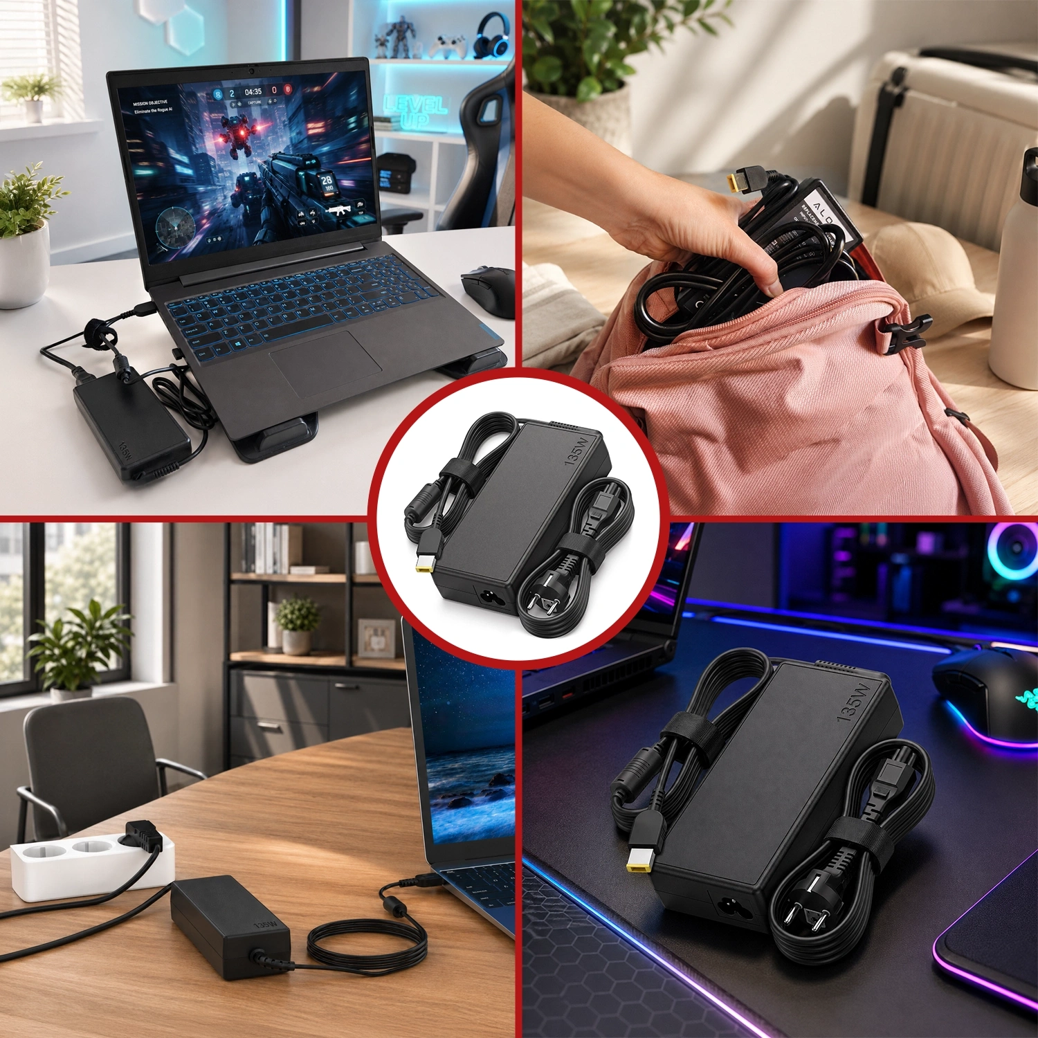 Obraz przedstawia cztery sceny z użyciem zasilacza do laptopa. W centralnym okręgu widoczny jest zasilacz z napisem \'Alogy\' oraz przewodami z wtyczkami.