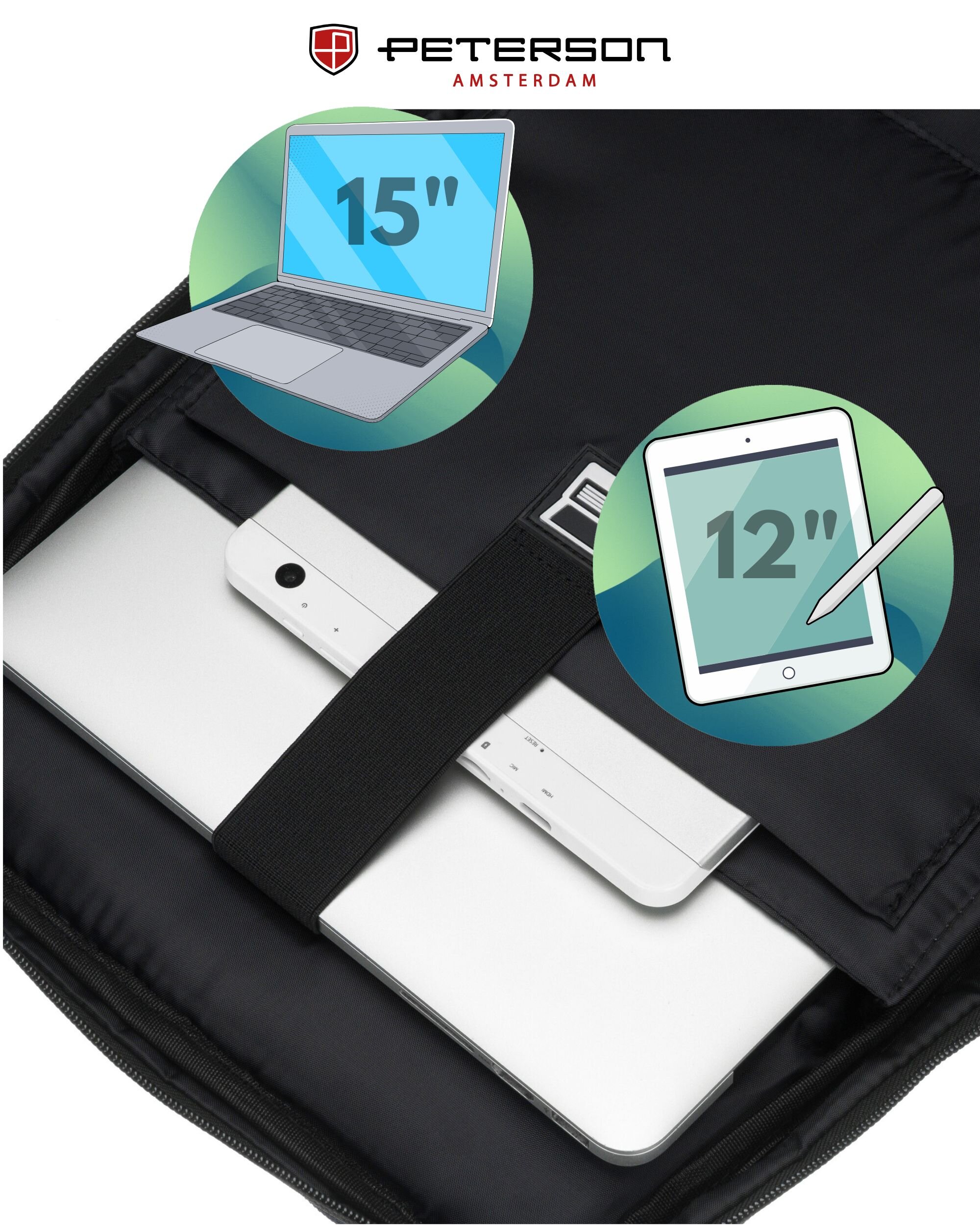 Plecak podróżny z miejscem na laptopa, w którym znajduje się laptop i tablet zabezpieczone paskiem. Logo \'PETERSON AMSTERDAM\' widoczne na górze, z grafikami przedstawiającymi urządzenia o rozmiarach 15\