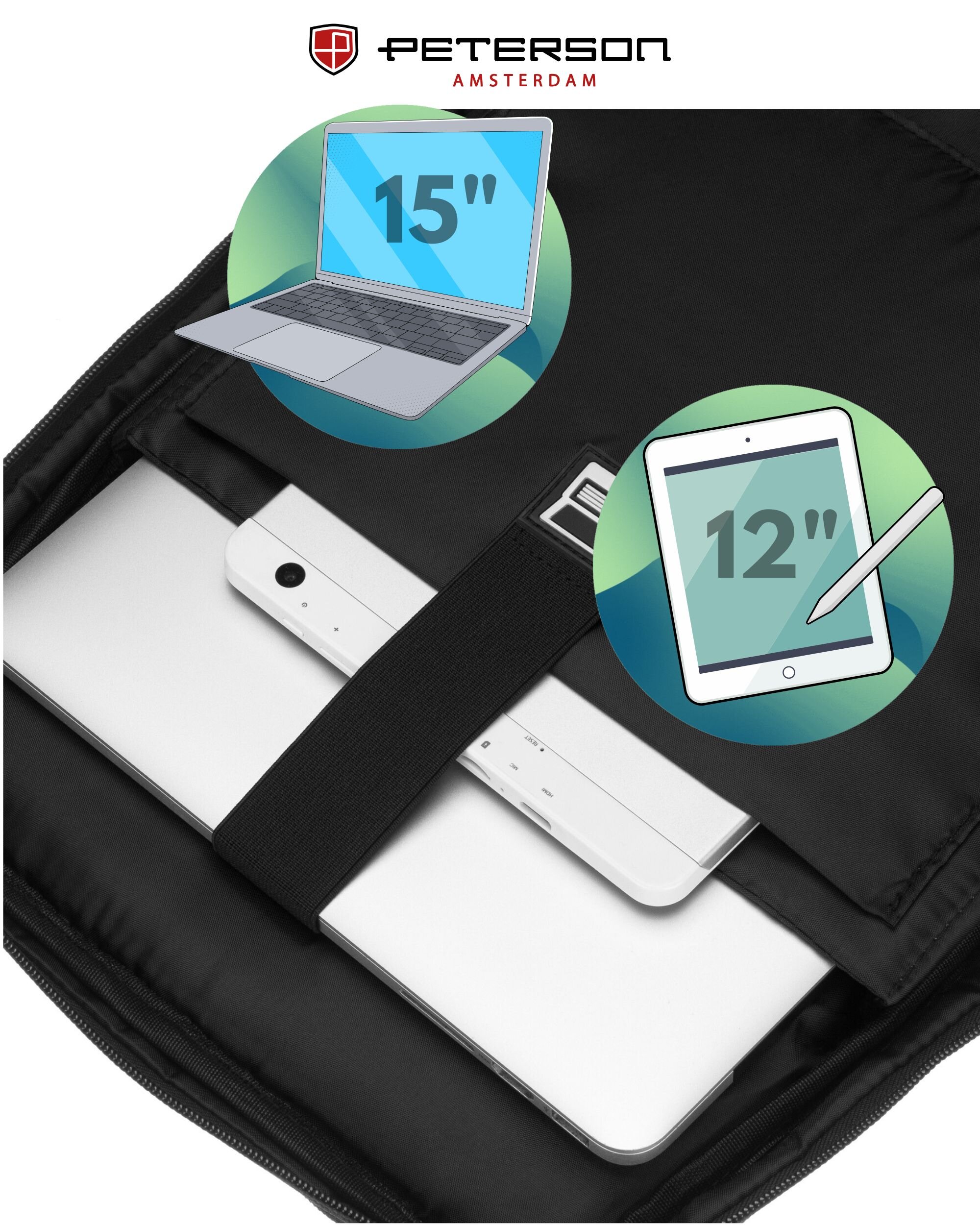 Czarny plecak z miejscem na laptopa i tablet, z logo \'PETERSON AMSTERDAM\' na górze. Wewnątrz plecaka znajdują się ilustracje laptopa 15-calowego i tabletu 12-calowego.