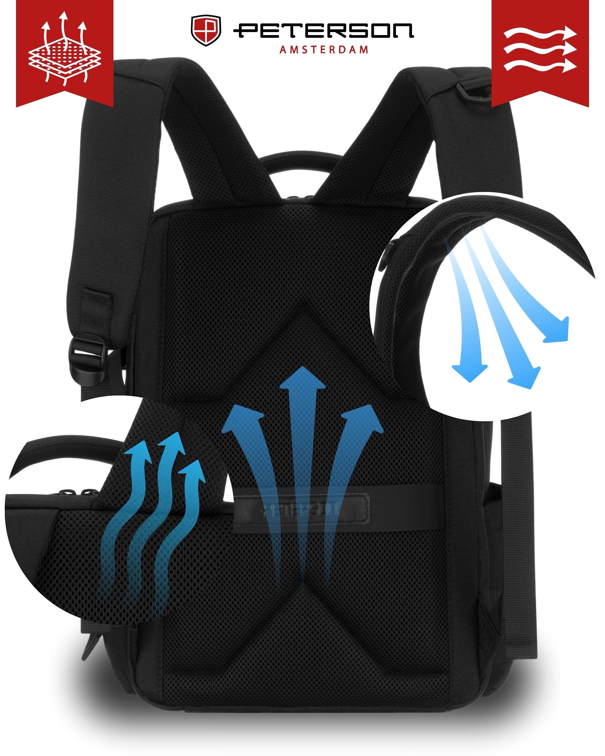 Czarny plecak z miejscem na laptopa, z widocznymi strzałkami wskazującymi na system wentylacji. Logo \'PETERSON AMSTERDAM\' znajduje się na górze obrazu.
