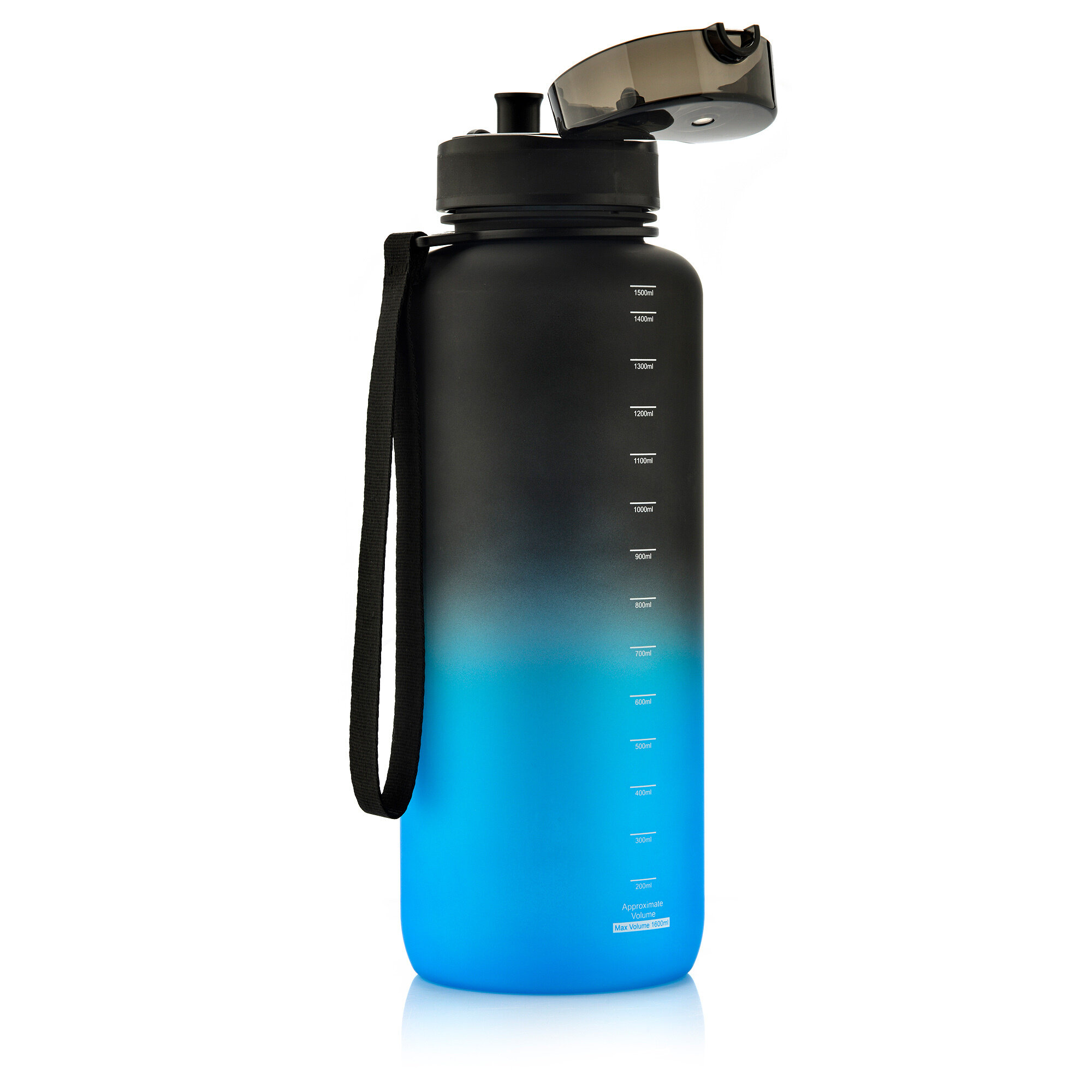 Bidon na wodę o pojemności 1500 ml z gradientowym przejściem kolorów od czarnego do niebieskiego, z miarką pojemności na boku. Posiada uchwyt i otwierany ustnik z pokrywką.