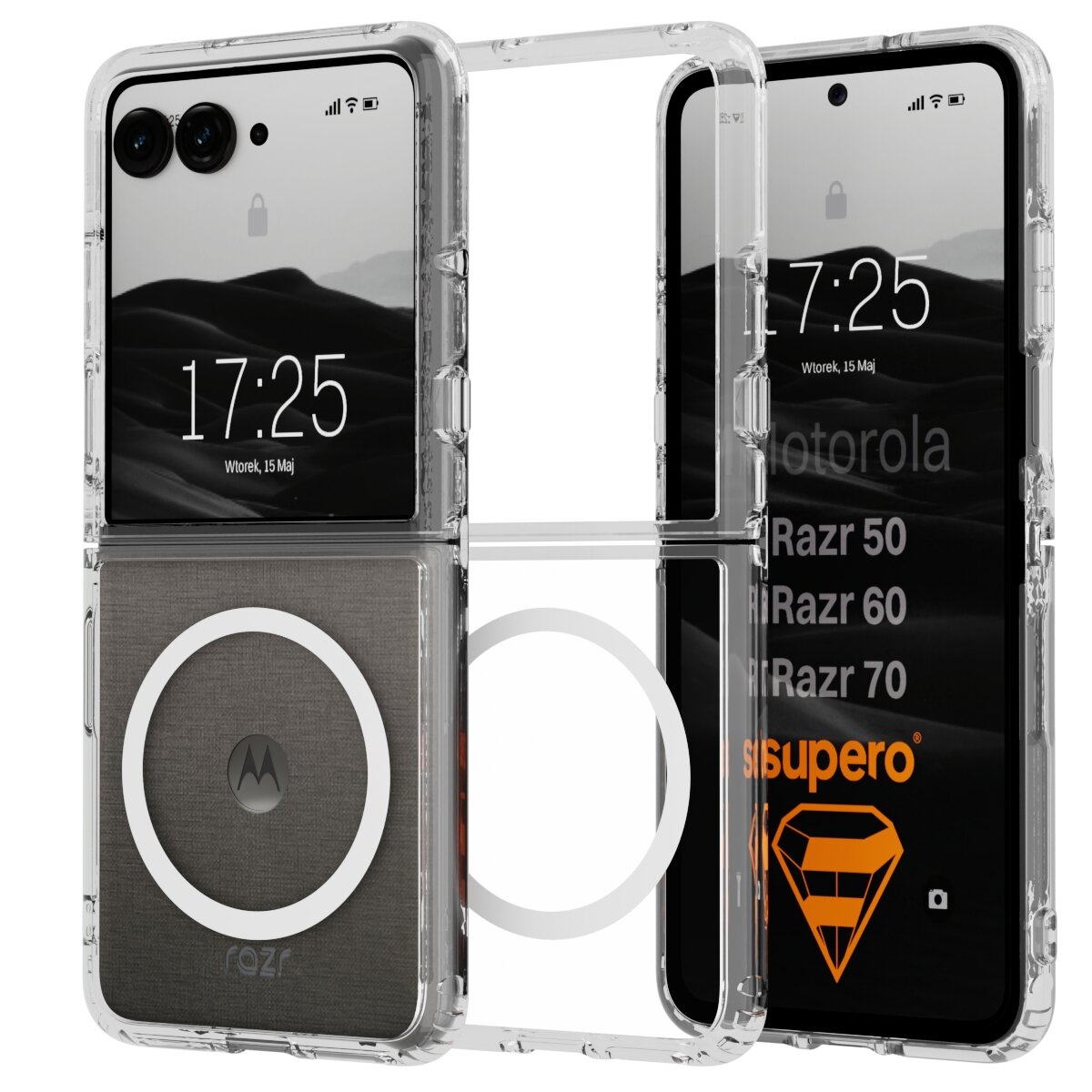 Przezroczyste etui do telefonu z widocznym logo Motorola i napisem \'razr\'. Na ekranie telefonu wyświetlana jest godzina 17:25 oraz data \'Wtorek, 15 Maj\'.