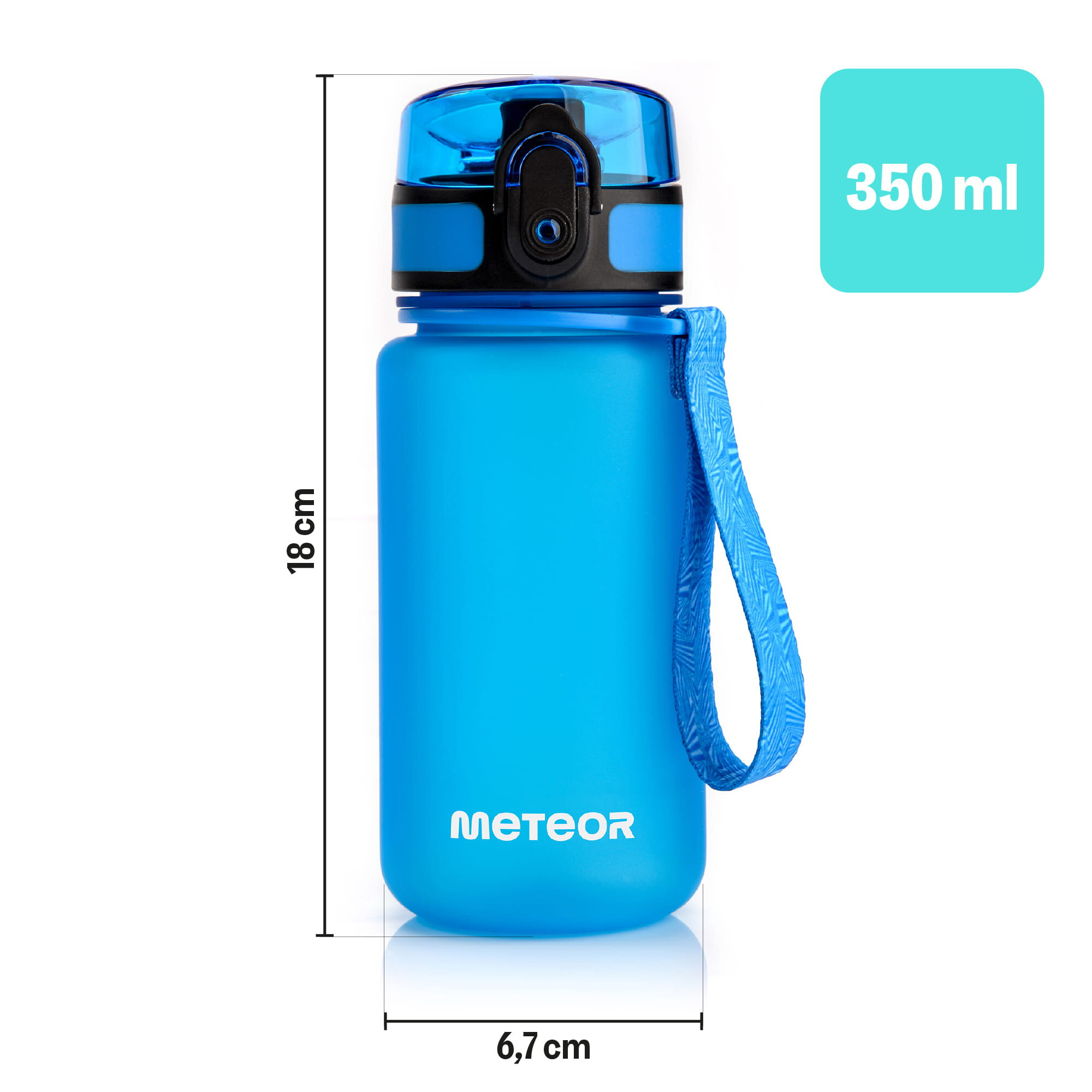 Niebieski bidon sportowy z napisem \'METEOR\', o wysokości 18 cm i szerokości 6,7 cm, z przezroczystą pokrywką i uchwytem. Obok znajduje się napis \'350 ml\'.