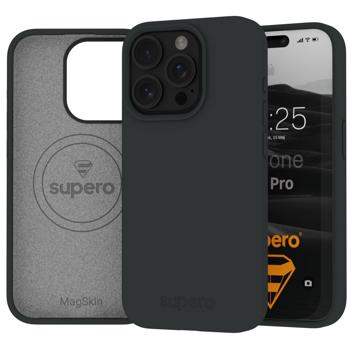 Na obrazie widoczne jest ciemne etui silikonowe z trzema otworami na aparaty, przeznaczone do iPhone 15 Pro Max. Na wewnętrznej stronie etui znajduje się logo \'supero\' oraz napis \'MagSkin\'.