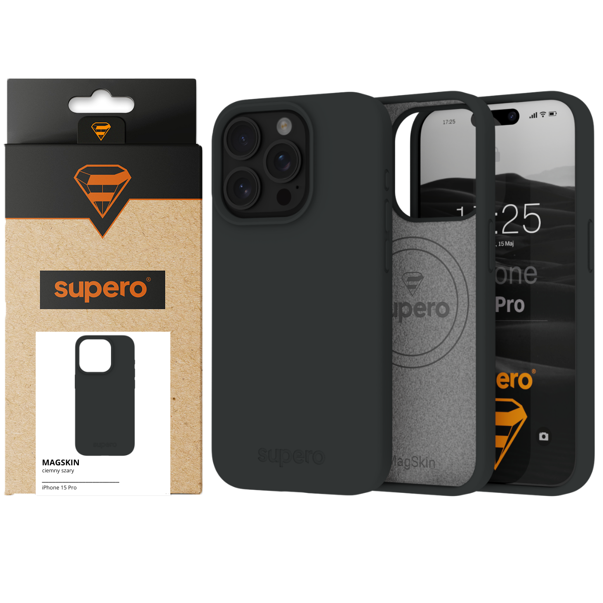 Na obrazie widoczne jest ciemnoszare etui silikonowe do iPhone 15 Pro z logo \'supero\' oraz opakowanie z napisem \'MAGSKIN ciemny szary iPhone 15 Pro\'.