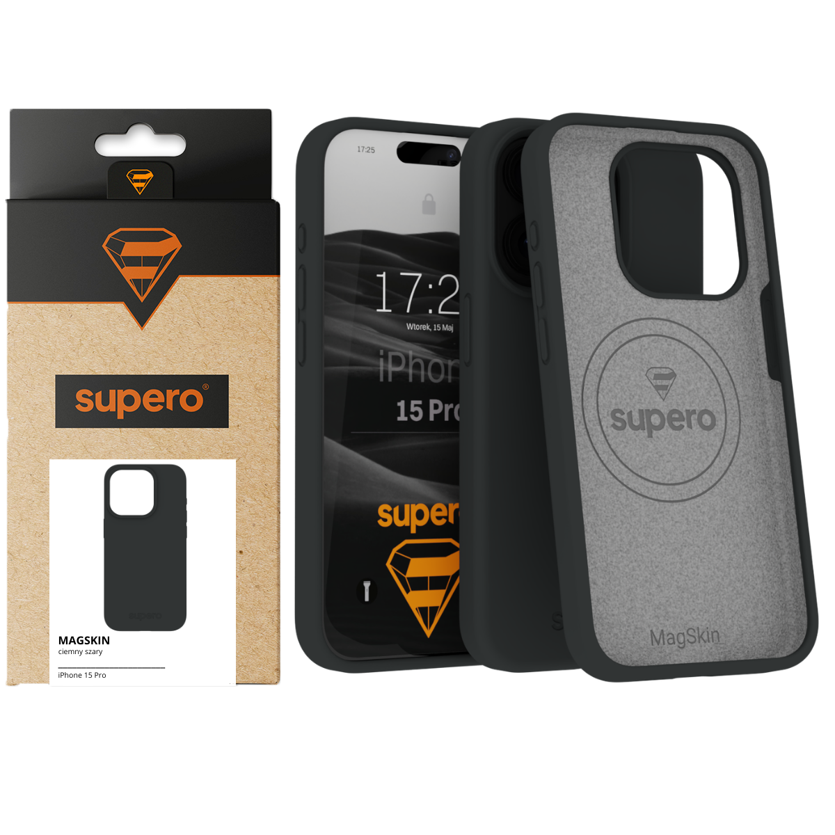 Na obrazie widoczne jest silikonowe etui do iPhone 15 Pro w kolorze ciemnoszarym, z logo \'supero\' oraz opakowanie z napisem \'MAGSKIN ciemny szary iPhone 15 Pro\'.