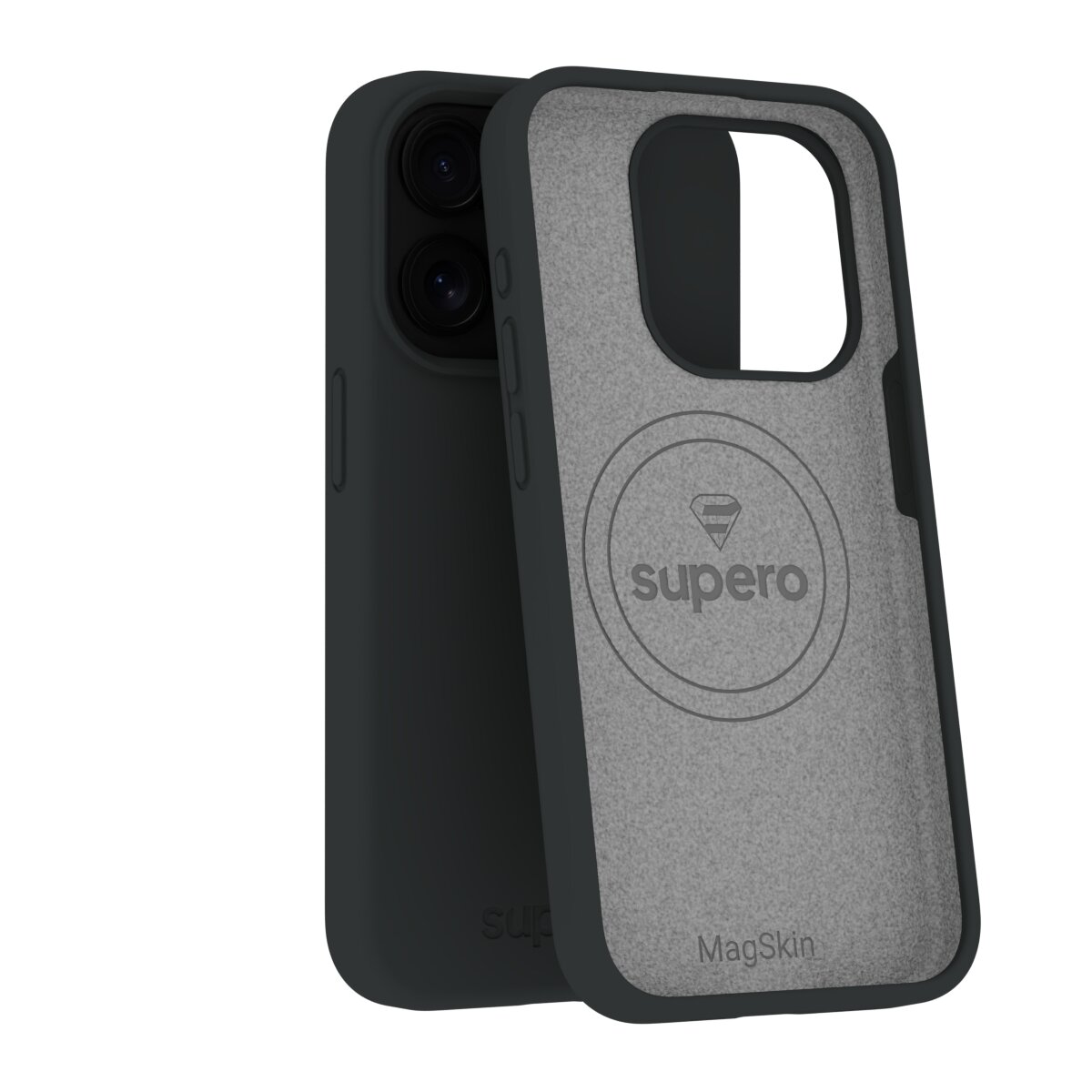 Czarne silikonowe etui z wycięciem na aparat, z widocznym logo \'supero\' i napisem \'MagSkin\'.