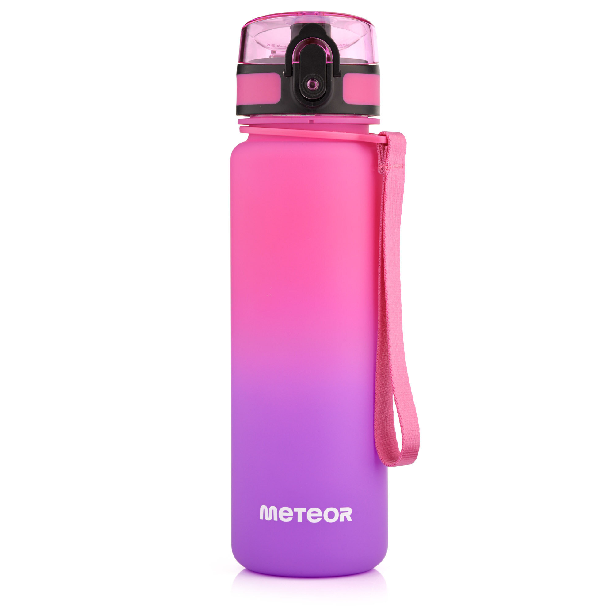 Bidon sportowy w kolorze różowo-fioletowym z napisem \'METEOR\' na dole. Posiada różowy pasek i przezroczystą pokrywkę z ustnikiem.