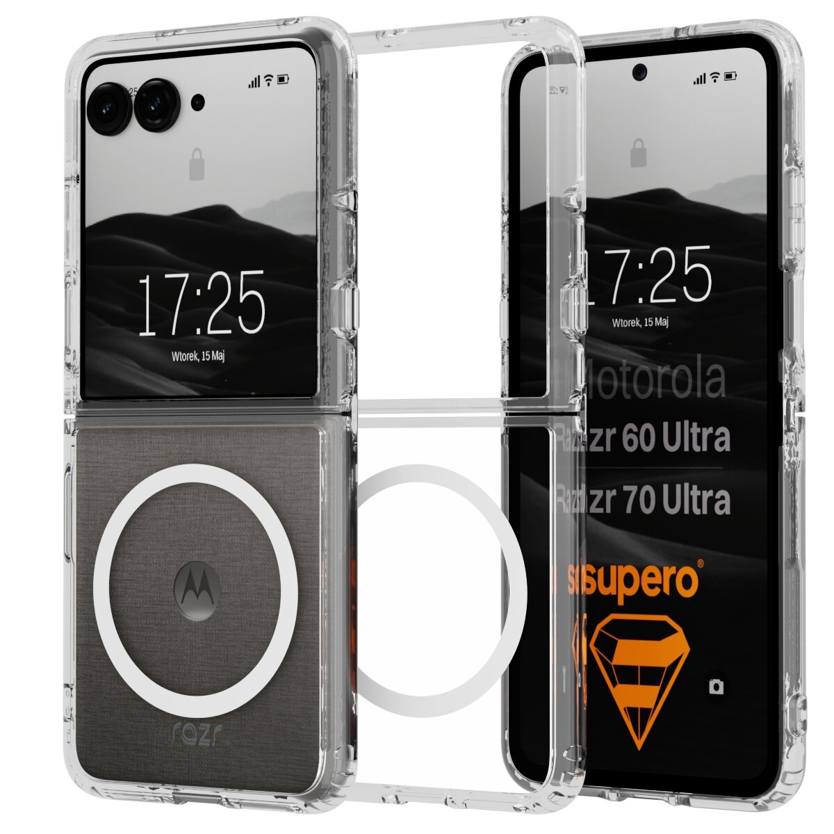 Przezroczyste etui na telefon z widocznym logo Motorola i napisem \'razr\' na dolnej części. Na ekranie telefonu wyświetlana jest godzina 17:25 oraz data \'Wtorek, 15 Maj\'.