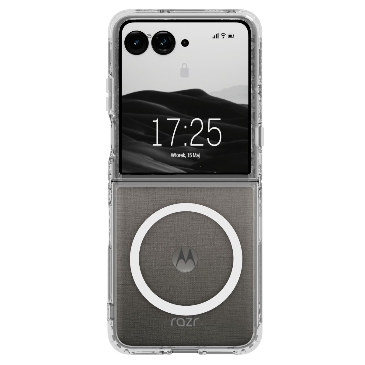 Przezroczyste etui na telefon z widocznym logo Motorola i napisem \'razr\'. Na ekranie telefonu wyświetlana jest godzina 17:25 oraz data Wtorek, 15 Maj.