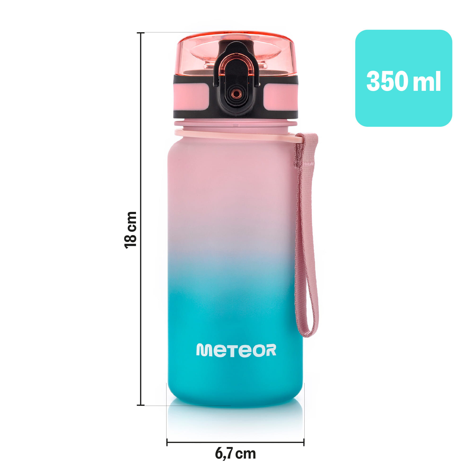 Bidon sportowy w kolorze turkusowym z różowym wieczkiem, o pojemności 350 ml i wymiarach 18 cm wysokości oraz 6,7 cm szerokości. Na bidonie widoczne jest logo \'METEOR\'.