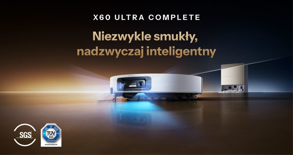 Obraz przedstawia biały robot sprzątający z napisem \'X60 ULTRA COMPLETE Niezwykle smukły, nadzwyczaj inteligentny\'. Widoczne są również loga \'SGS\' i \'TUV SUD\'.