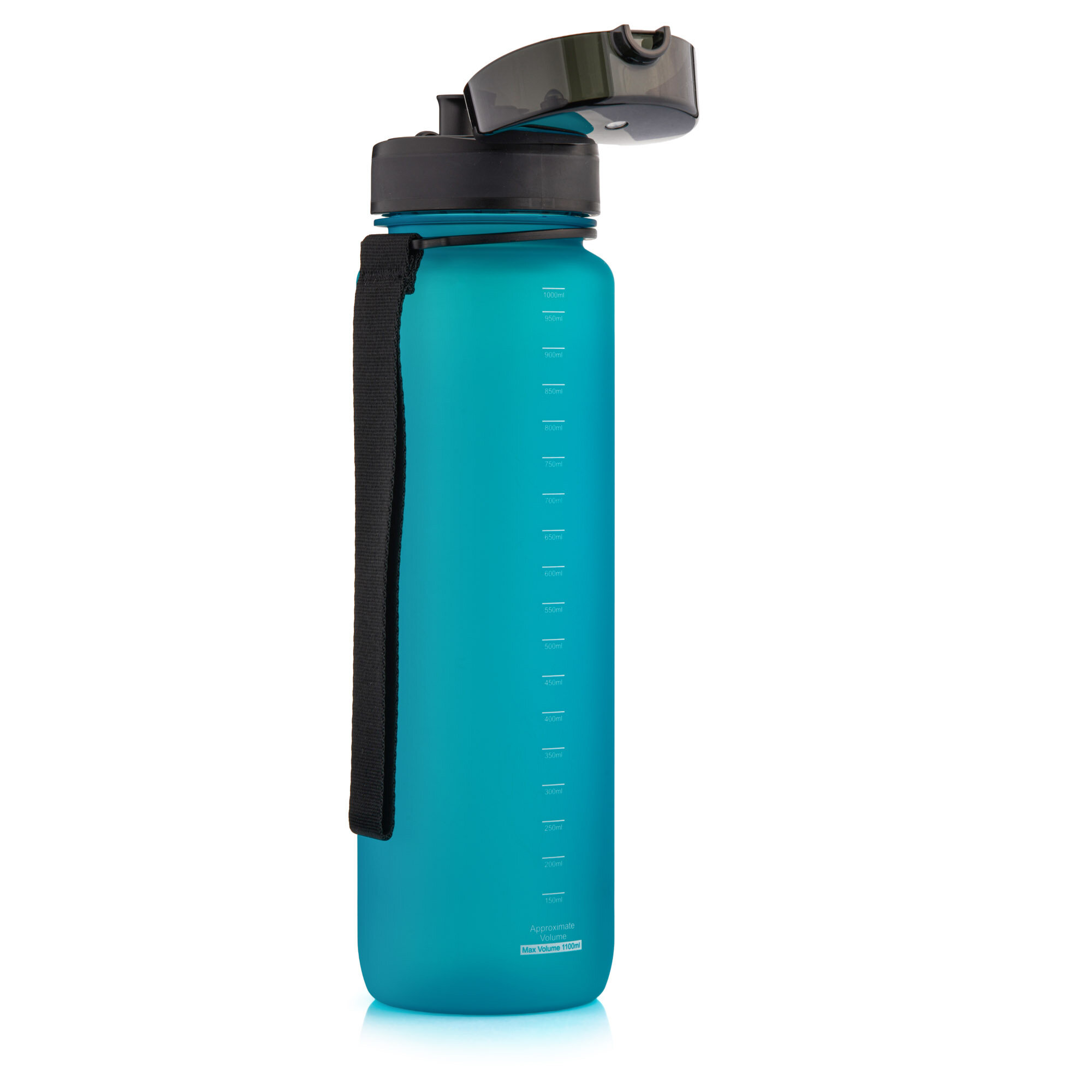 Turkusowy bidon sportowy z czarnym ustnikiem i uchwytem, posiada miarkę pojemności na boku. Na dole widoczny napis: \'BPA FREE TRITAN\'.
